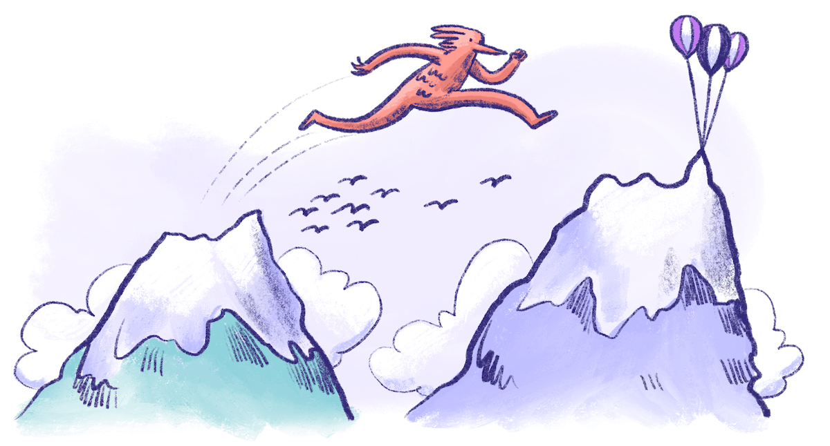 Illustration by Annie Ruygt of a figure jumping from one mountain to another